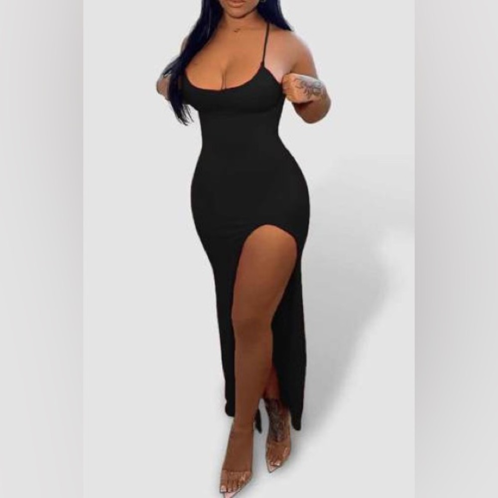 Sexy Solid Patchwork Slit Spaghetti Strap Straight Plus Size Dresses